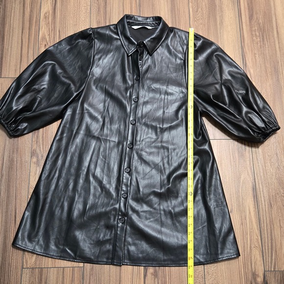 Zara Black Faux Leather Puff Sleeve Button Down Shirt Dress TunicLarge 4369/250 - Picture 6 of 12